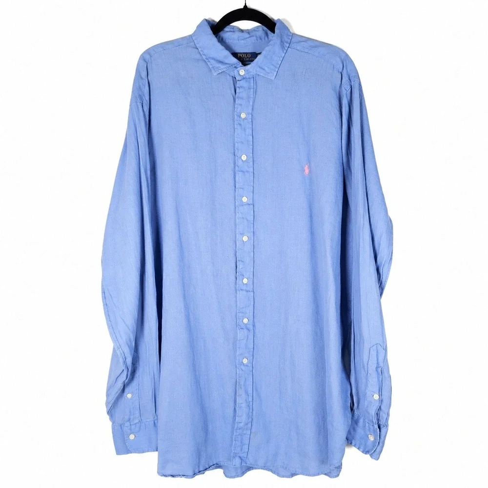 Polo Ralph Lauren Button Up Mens 2XLT Tall Blue Linen Pony Logo Coastal Preppy